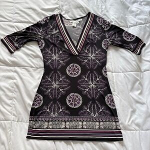 Vintage Max Studio Tunic Top Womens Small Purple Black Floral Y2K Fairy Whimsy